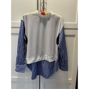 Burani Blue Stripe Spliced Jersey White Casual Long Sleeve Shirt Women’s S